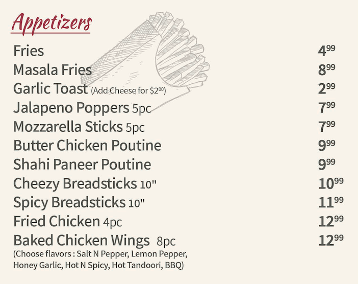 Menu, Samosa Place