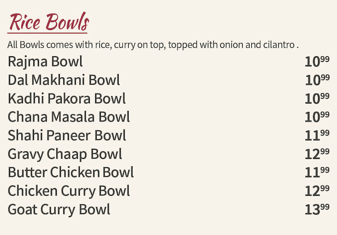 Menu, Samosa Place