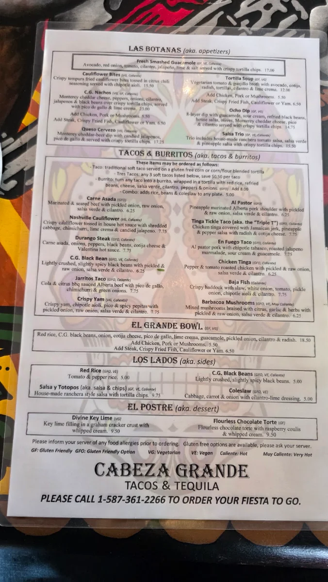 Menu, Cabeza Grande
