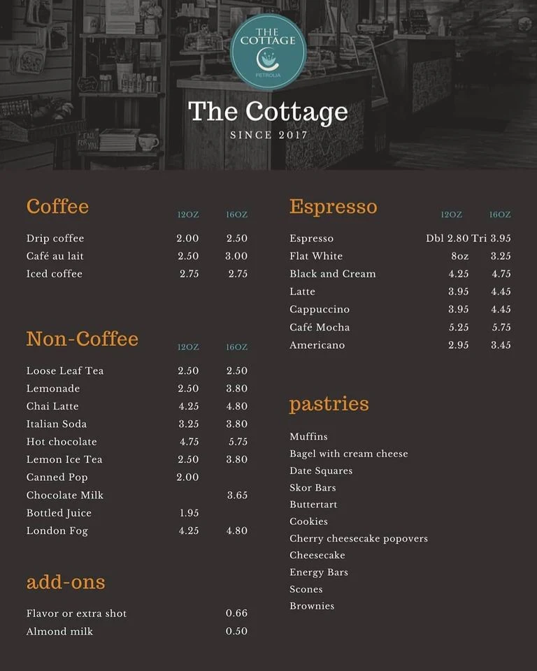 Menu, The Cottage Petrolia