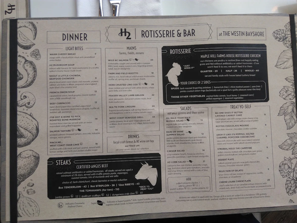 Menu, H2 Kitchen + Bar