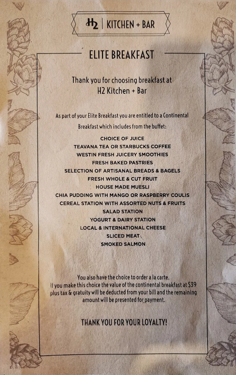 Menu, H2 Kitchen + Bar