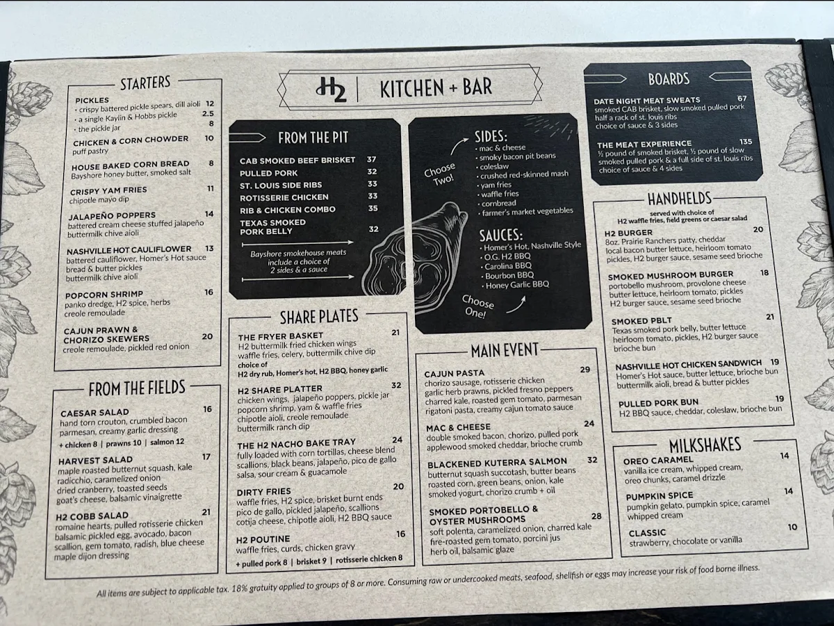 Menu, H2 Kitchen + Bar