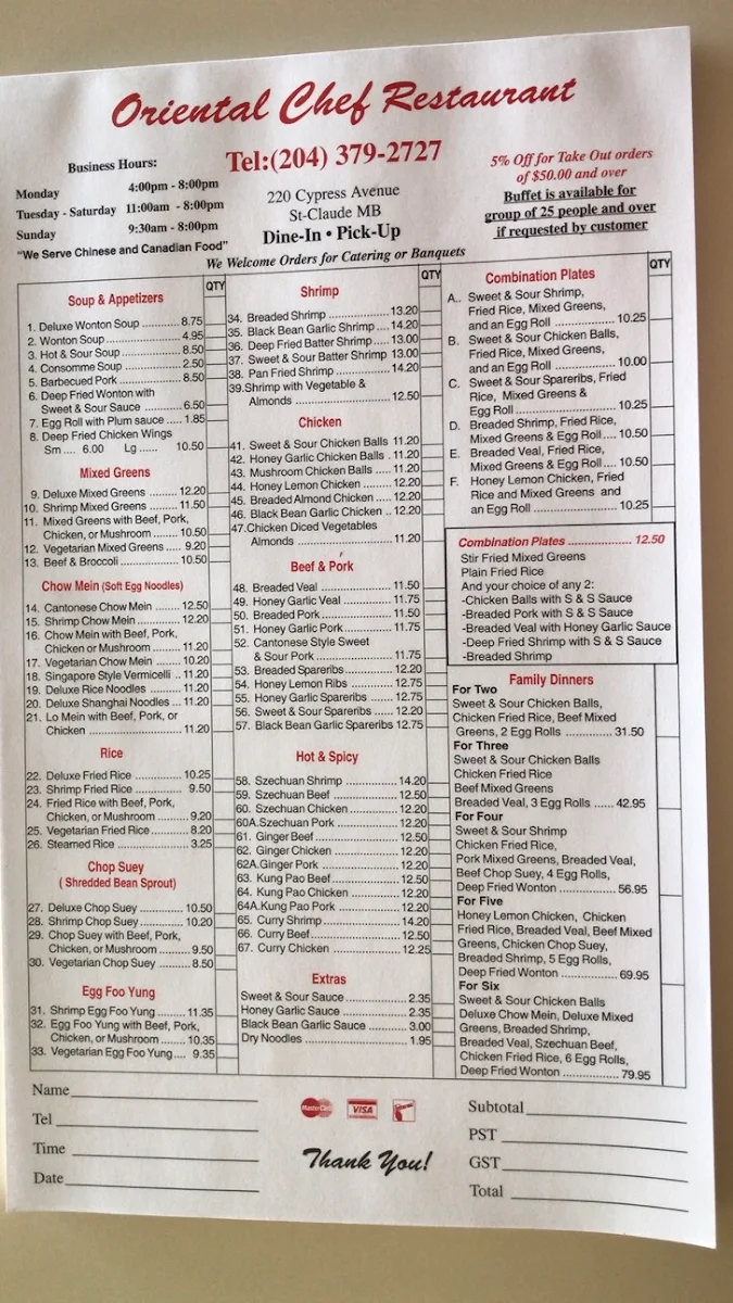 Menu, Oriental Chef