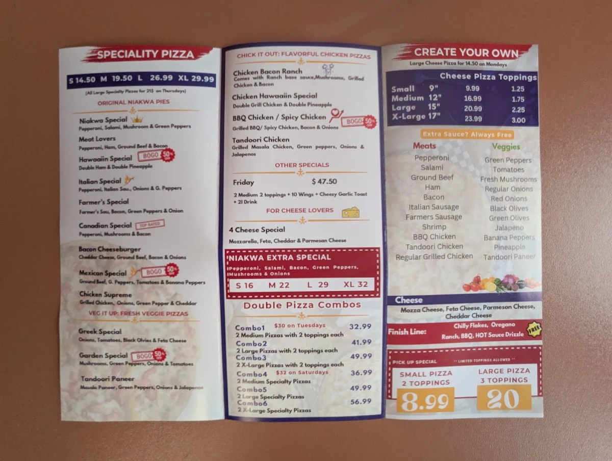 Menu, Niakwa Pizza•mcleod
