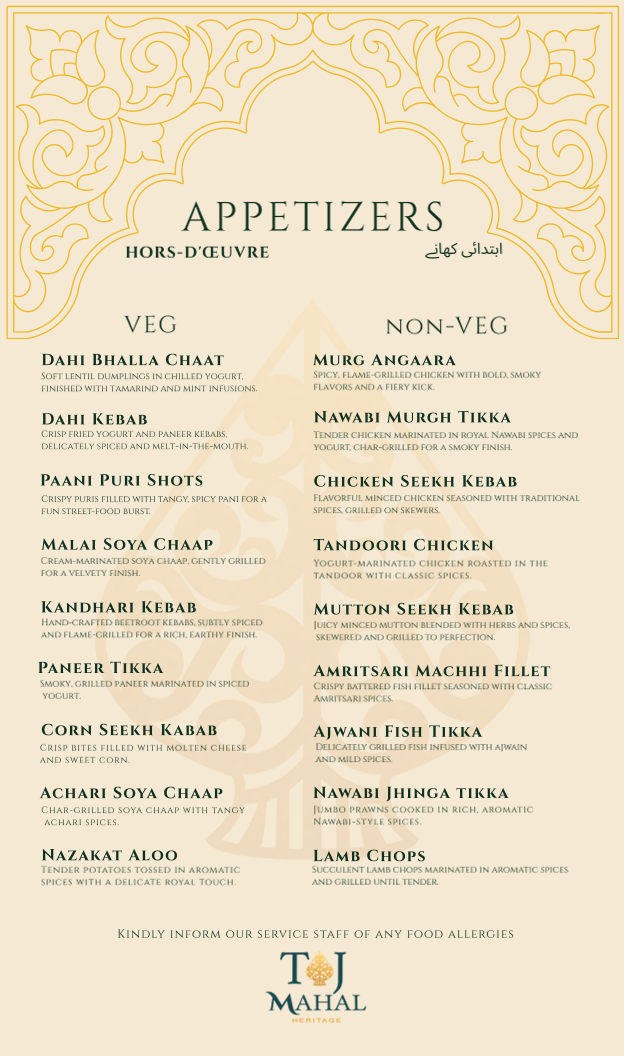 Menu, TAJ MAHAL HERITAGE