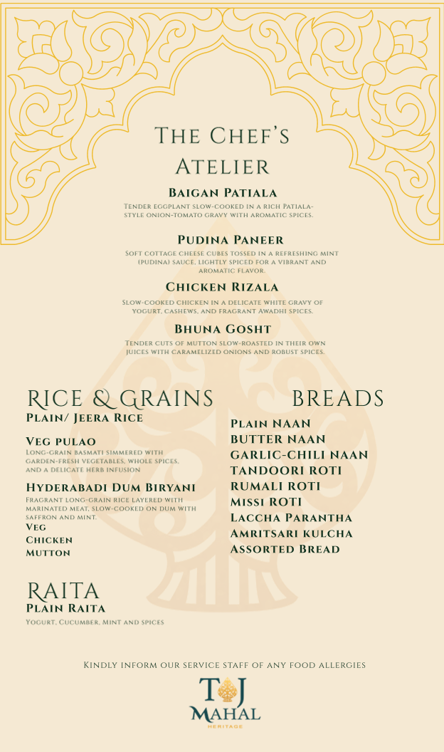 Menu, TAJ MAHAL HERITAGE