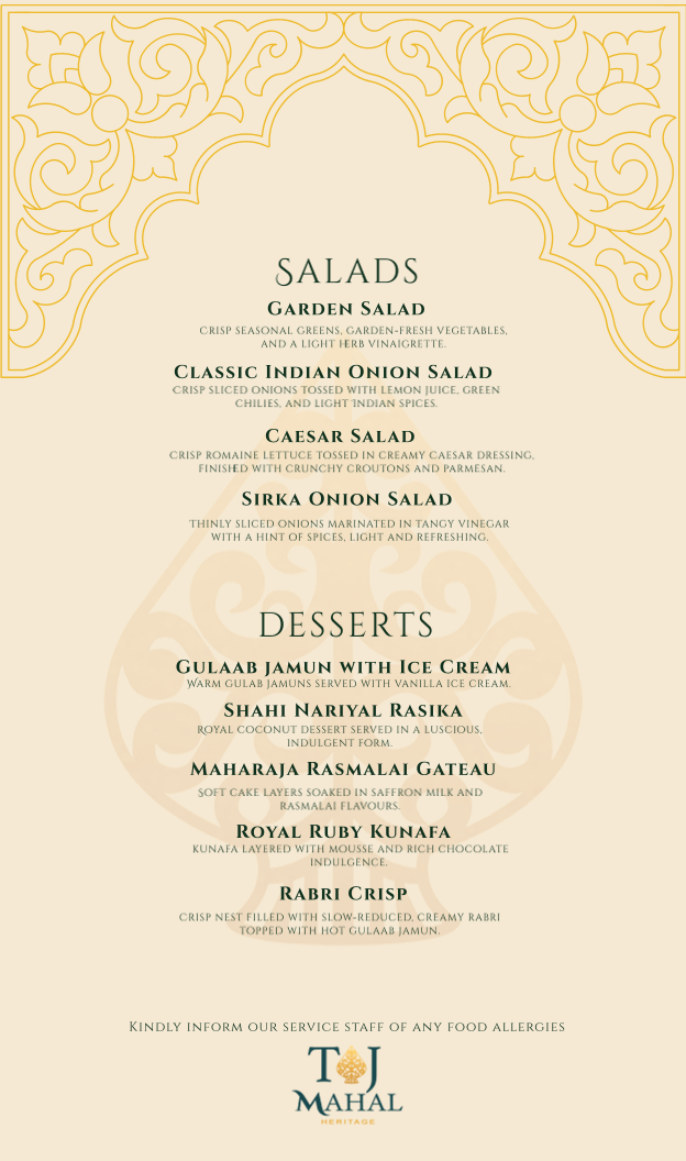 Menu, TAJ MAHAL HERITAGE
