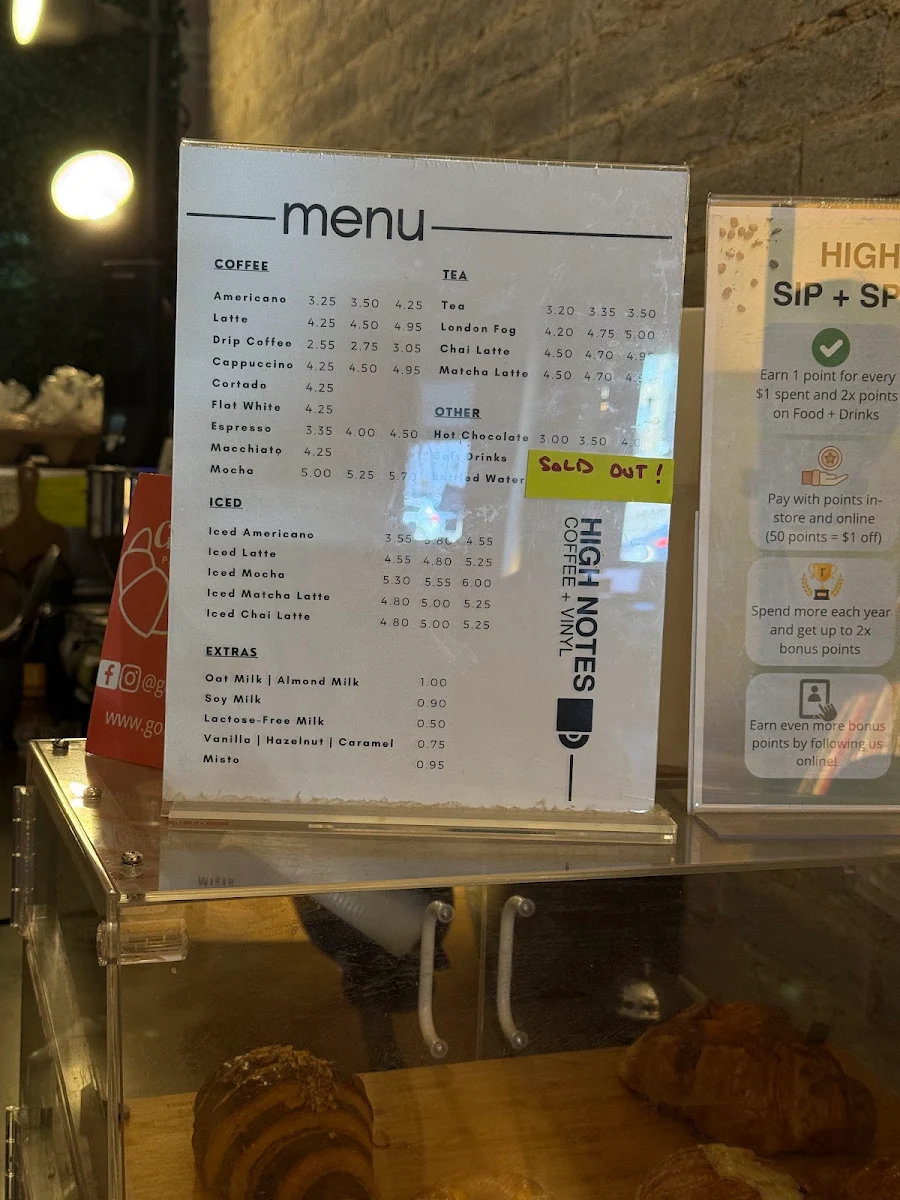 Menu, High Notes Coffee + Vinyl