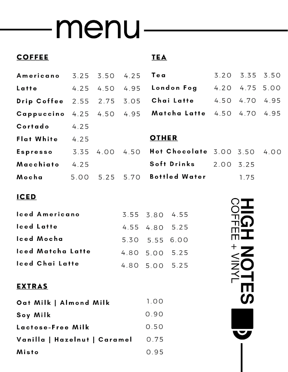 Menu, High Notes Coffee + Vinyl