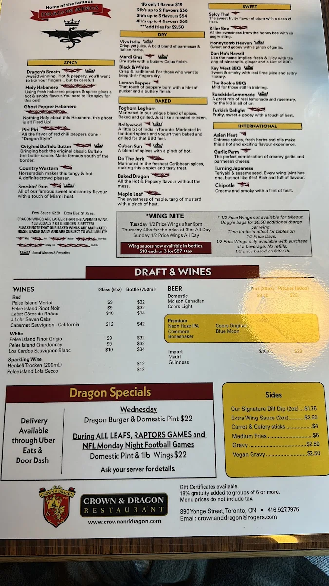 Menu, Crown & Dragon