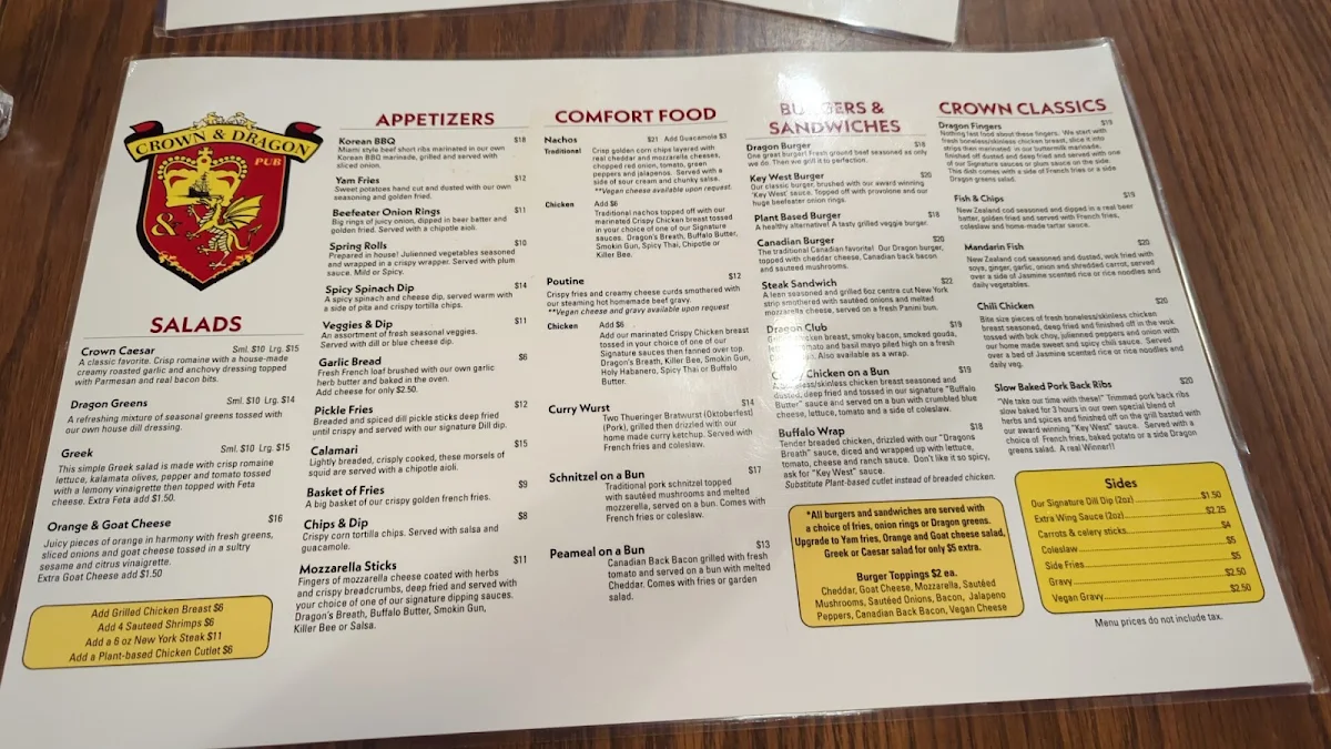 Menu, Crown & Dragon