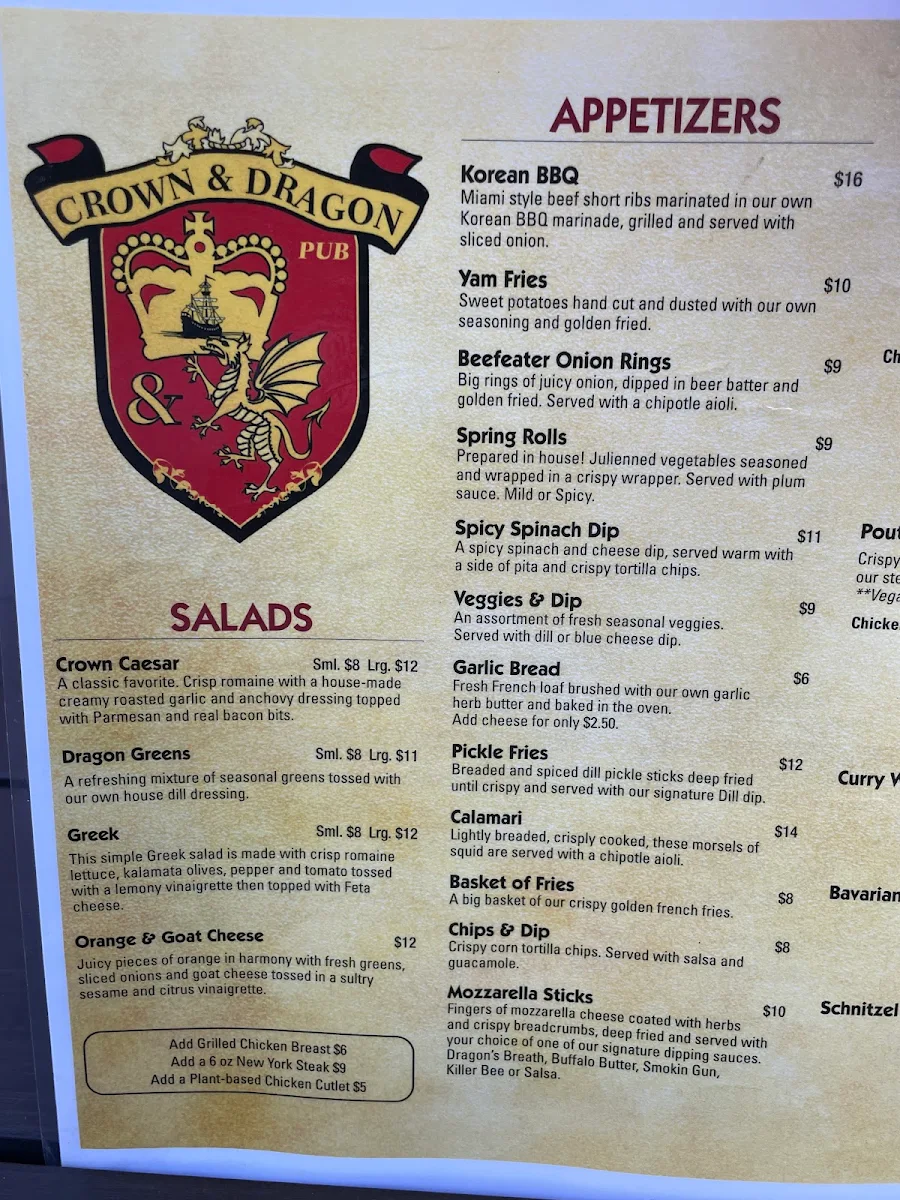 Menu, Crown & Dragon