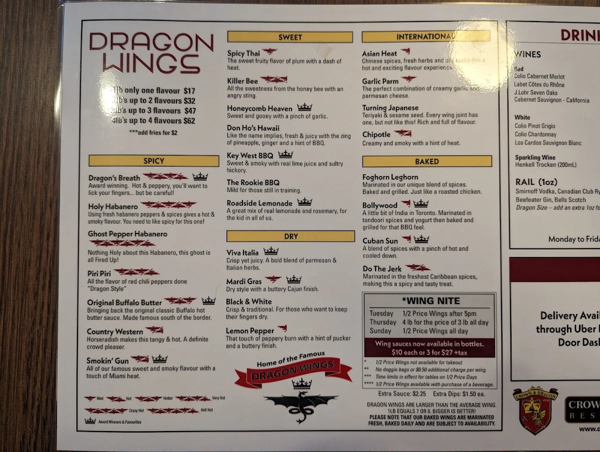 Menu, Crown & Dragon