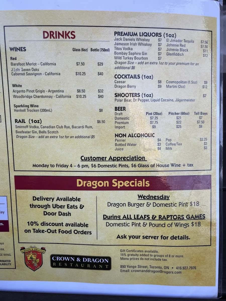 Menu, Crown & Dragon