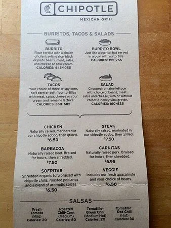 Menu, Chipotle Mexican Grill