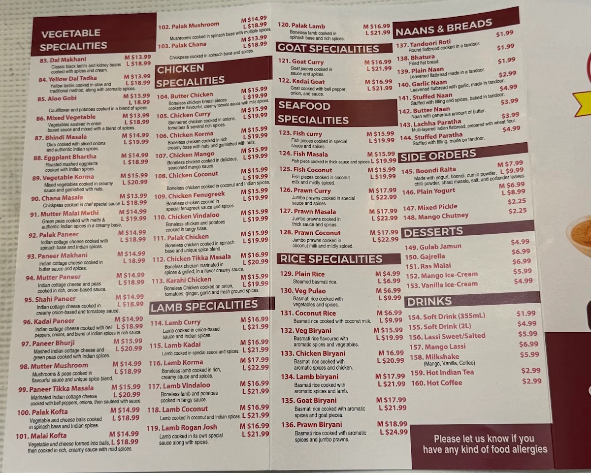 Menu, JP's Indian Pizza & Curry