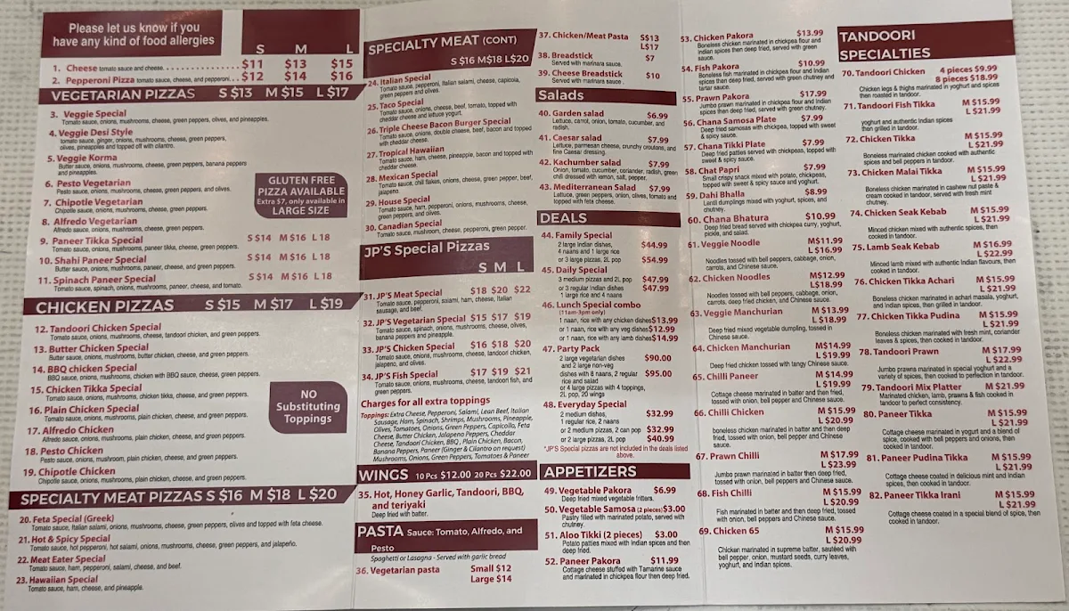 Menu, JP's Indian Pizza & Curry