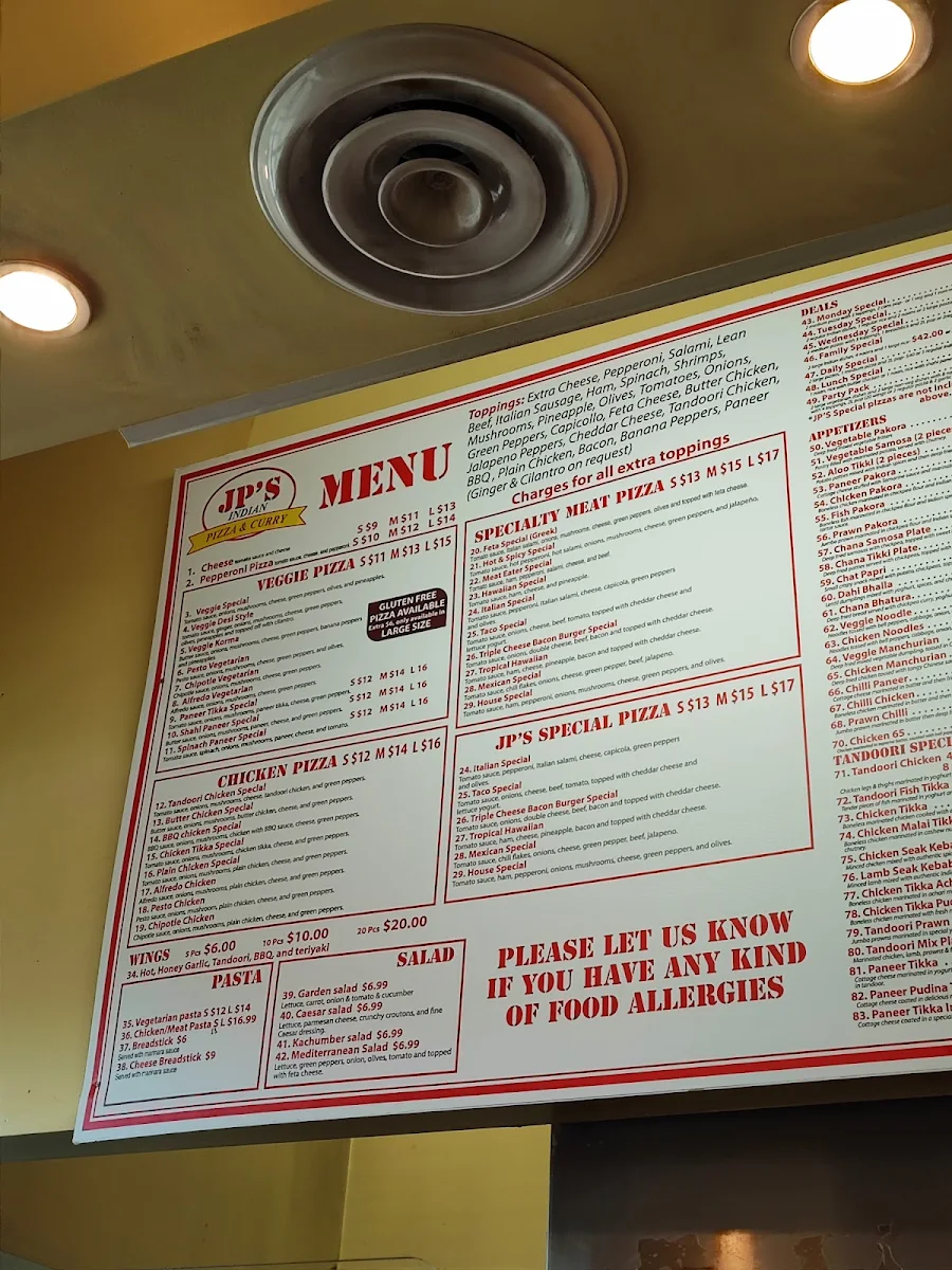 Menu, JP's Indian Pizza & Curry