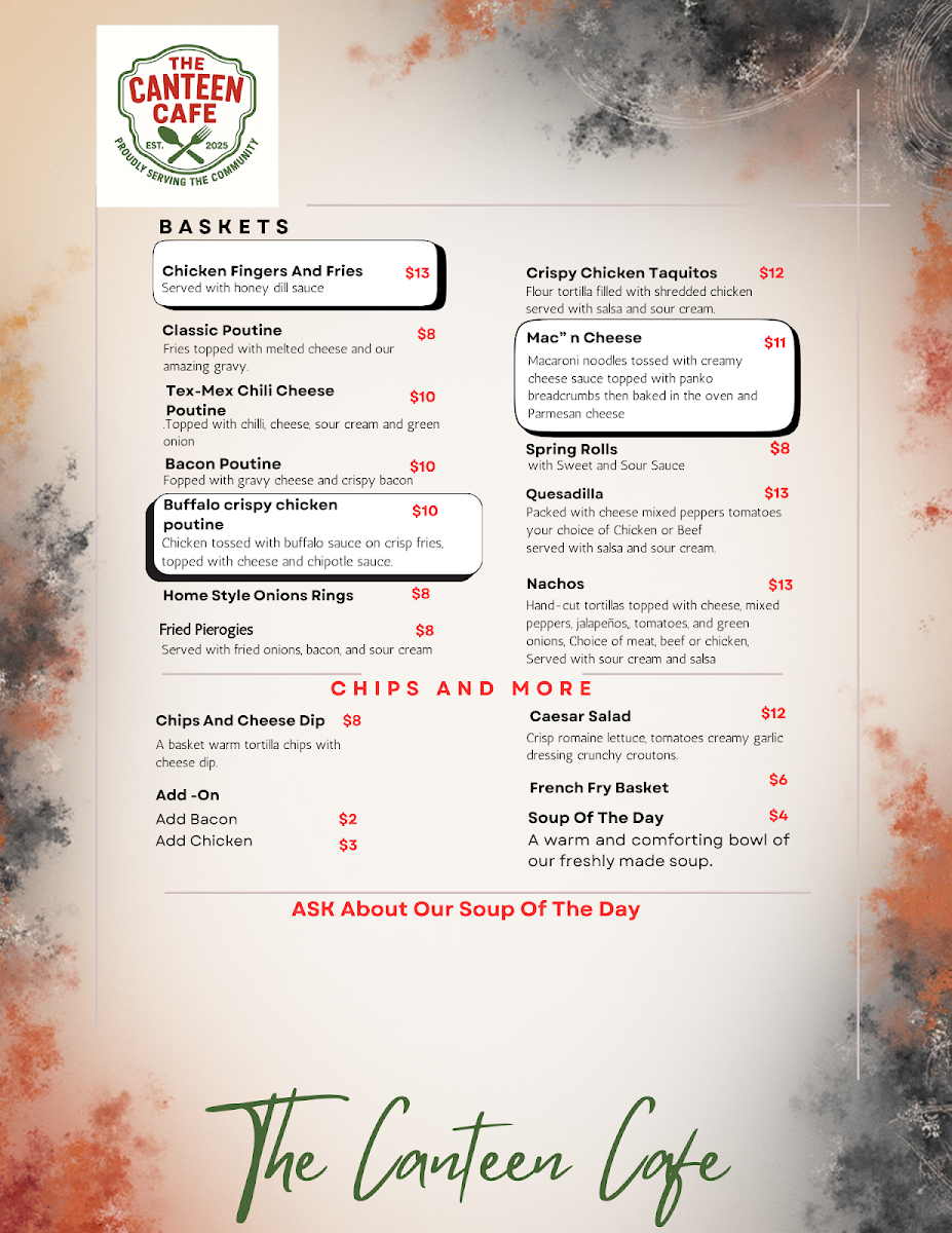 Menu, The Canteen Cafe
