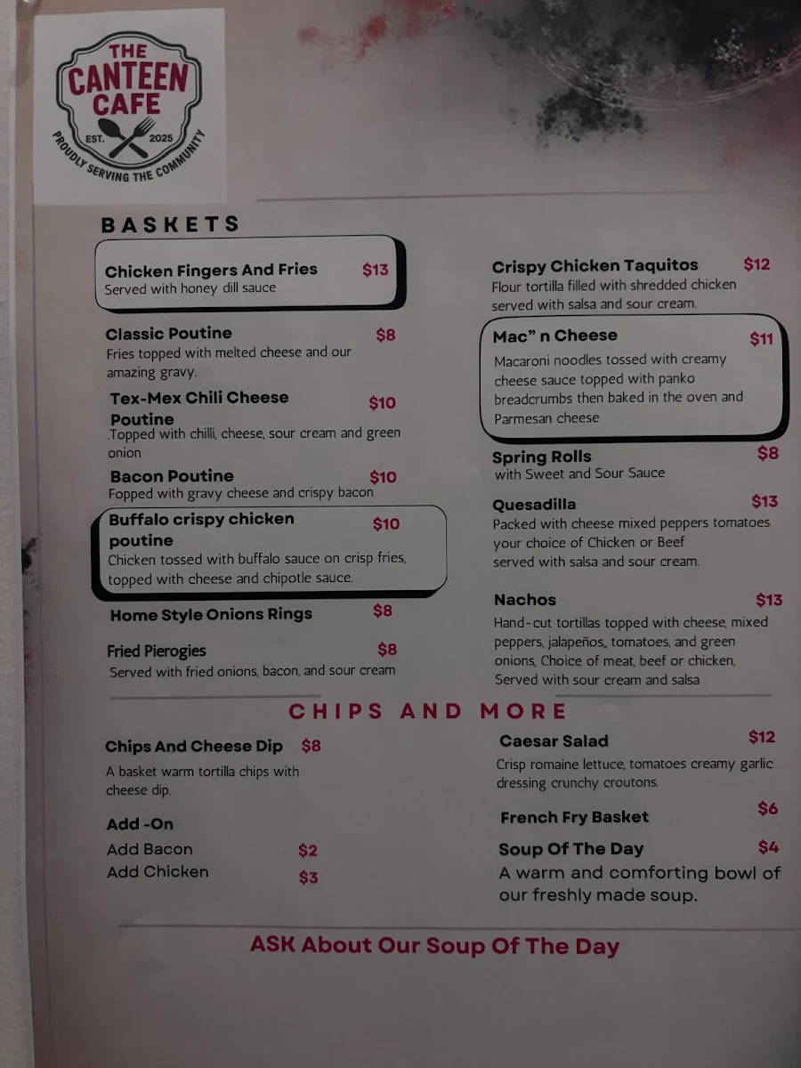 Menu, The Canteen Cafe