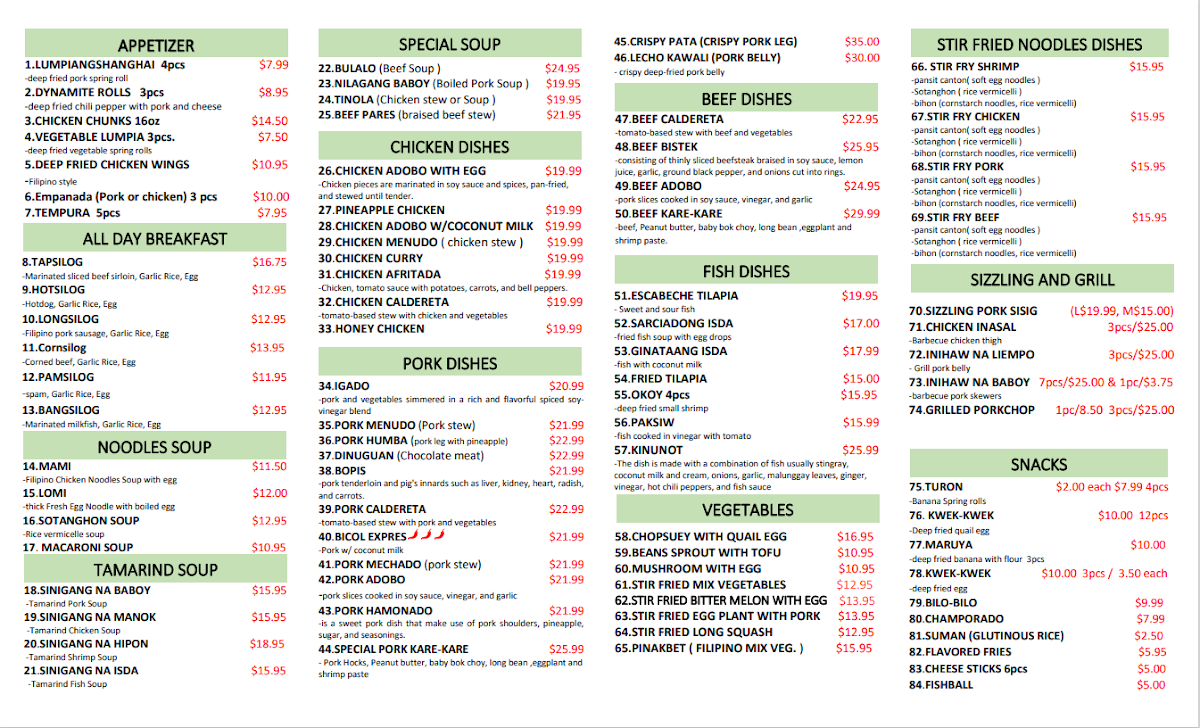 Menu, Giga's Pinoy Carinderia