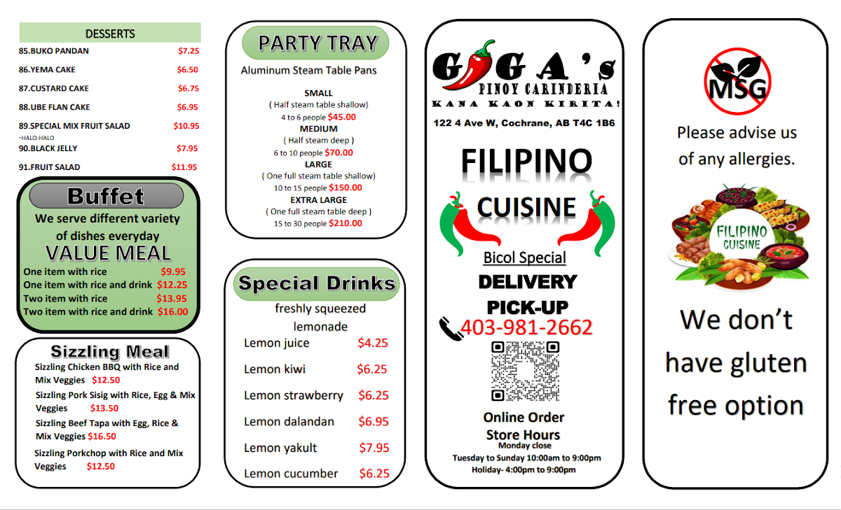 Menu, Giga's Pinoy Carinderia