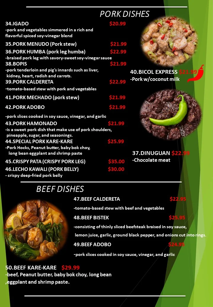 Menu, Giga's Pinoy Carinderia