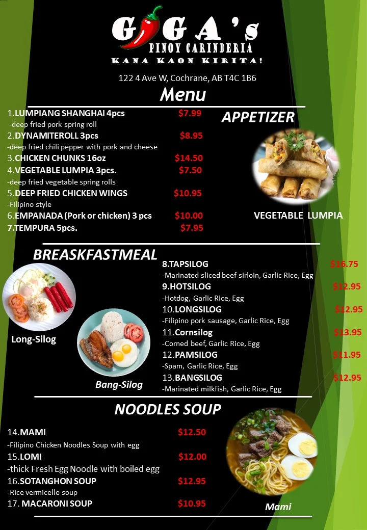 Menu, Giga's Pinoy Carinderia