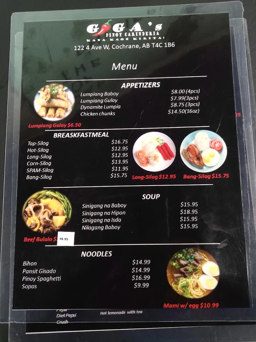 Menu, Giga's Pinoy Carinderia