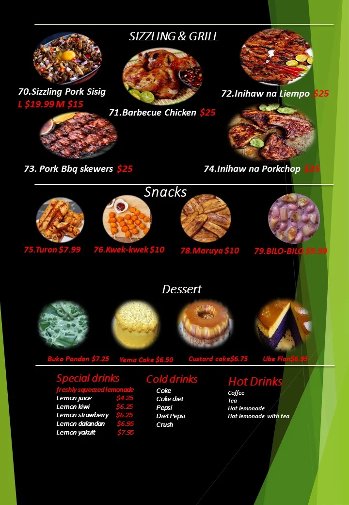 Menu, Giga's Pinoy Carinderia