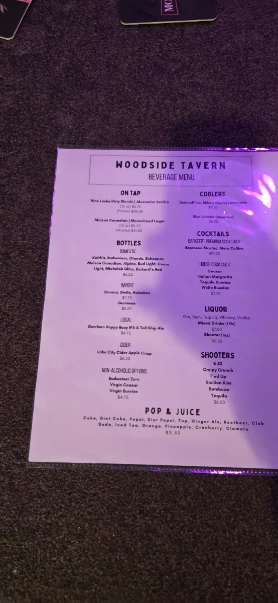 Menu, Woodside Tavern