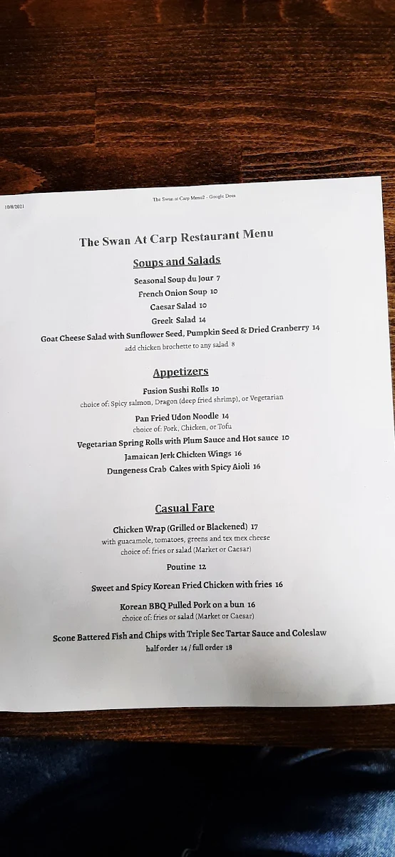 Menu, The Swan At Carp