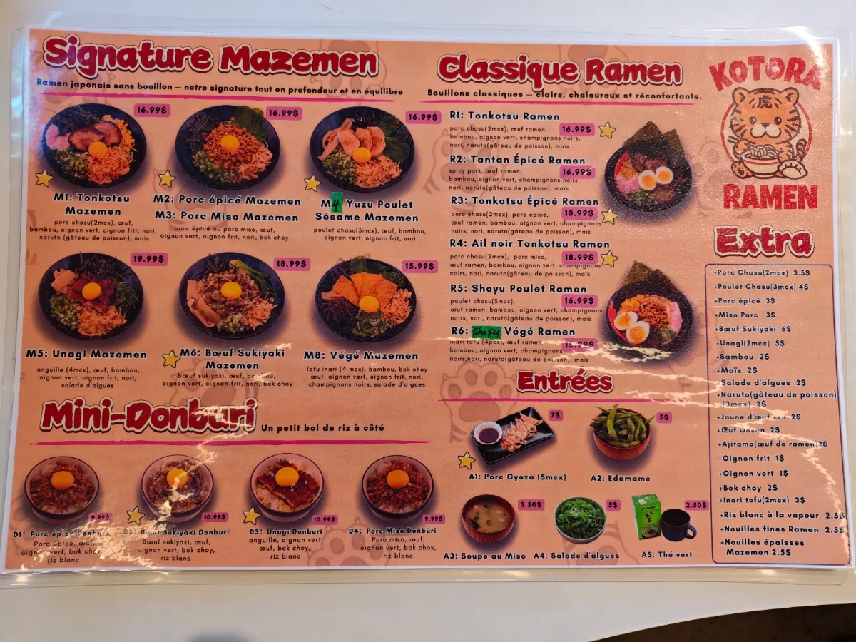 Menu, Kotora Ramen