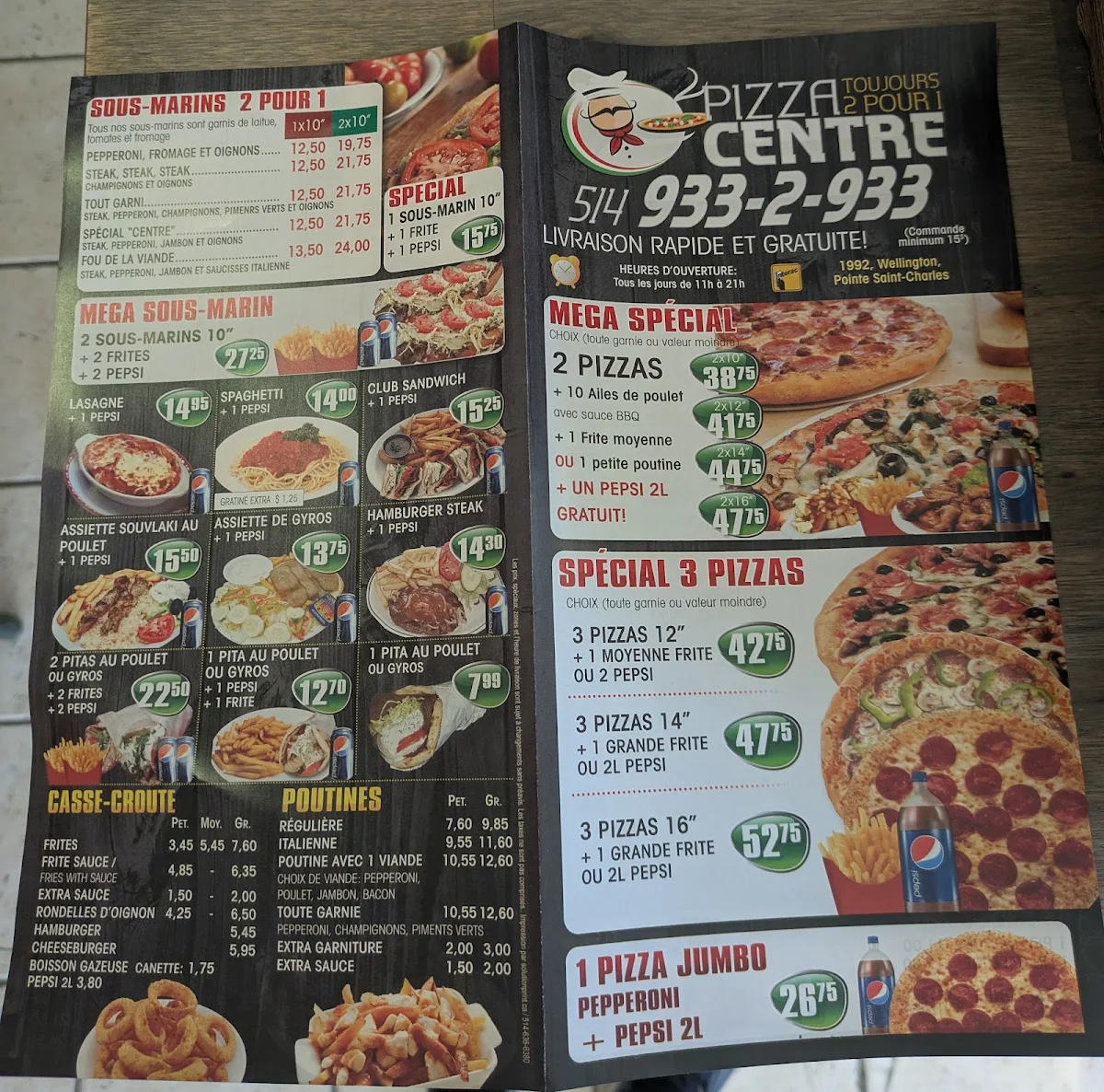 Menu, Pizza Center