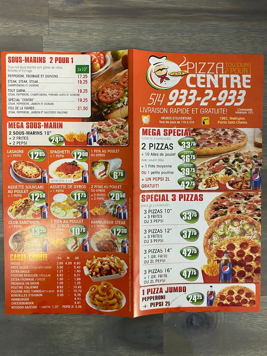 Menu, Pizza Center