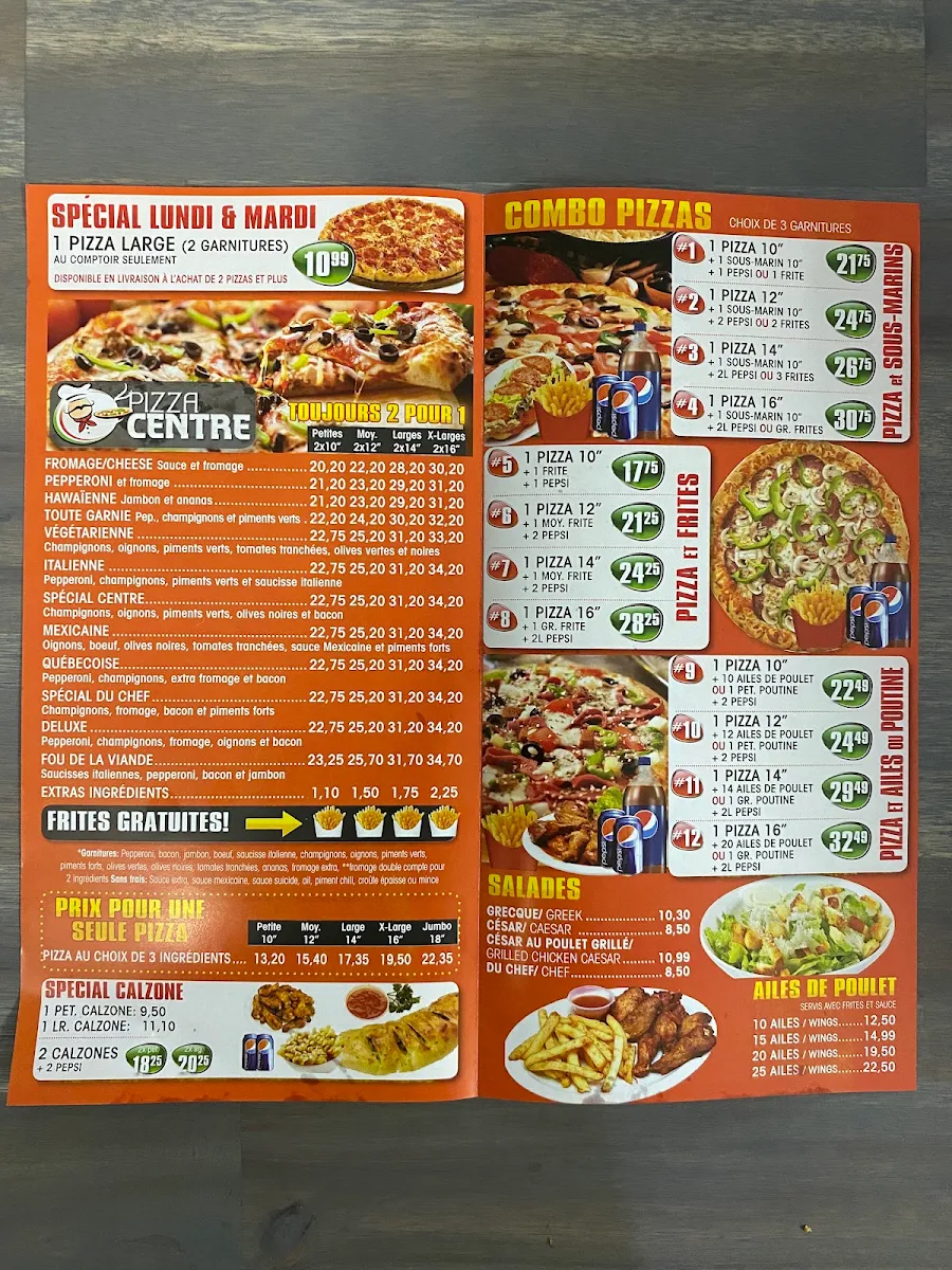 Menu, Pizza Center