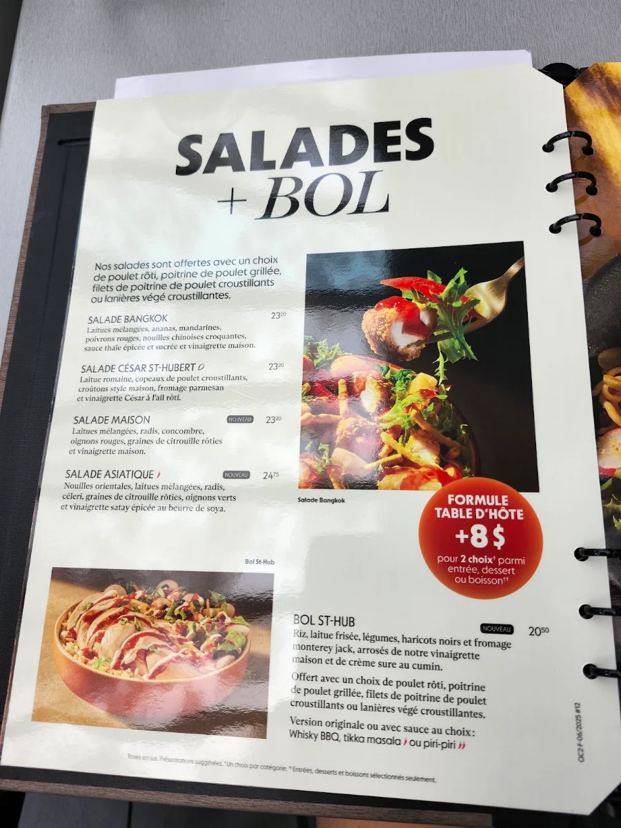 Menu, Rôtisserie St-Hubert