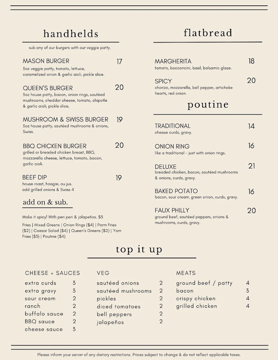 Menu, The Queen's