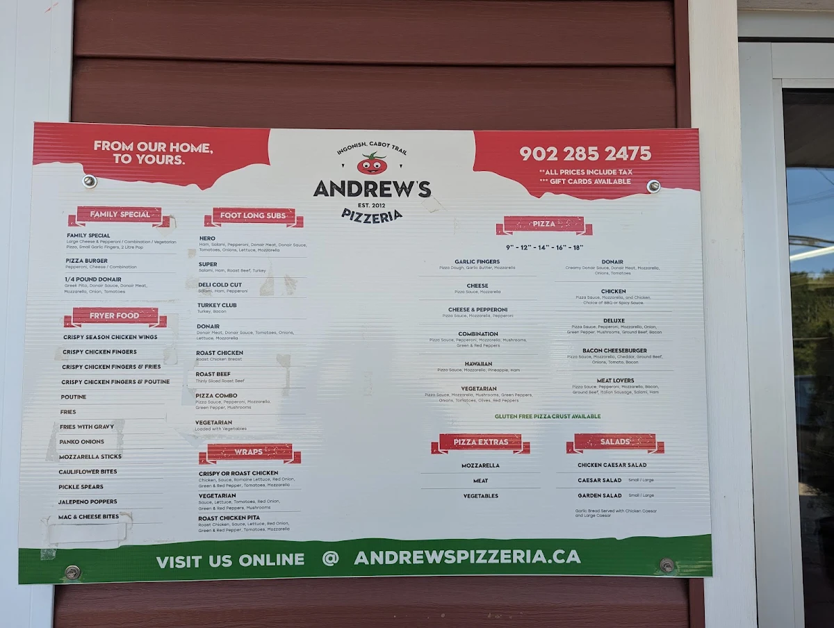 Menu, Andrew's Pizzeria