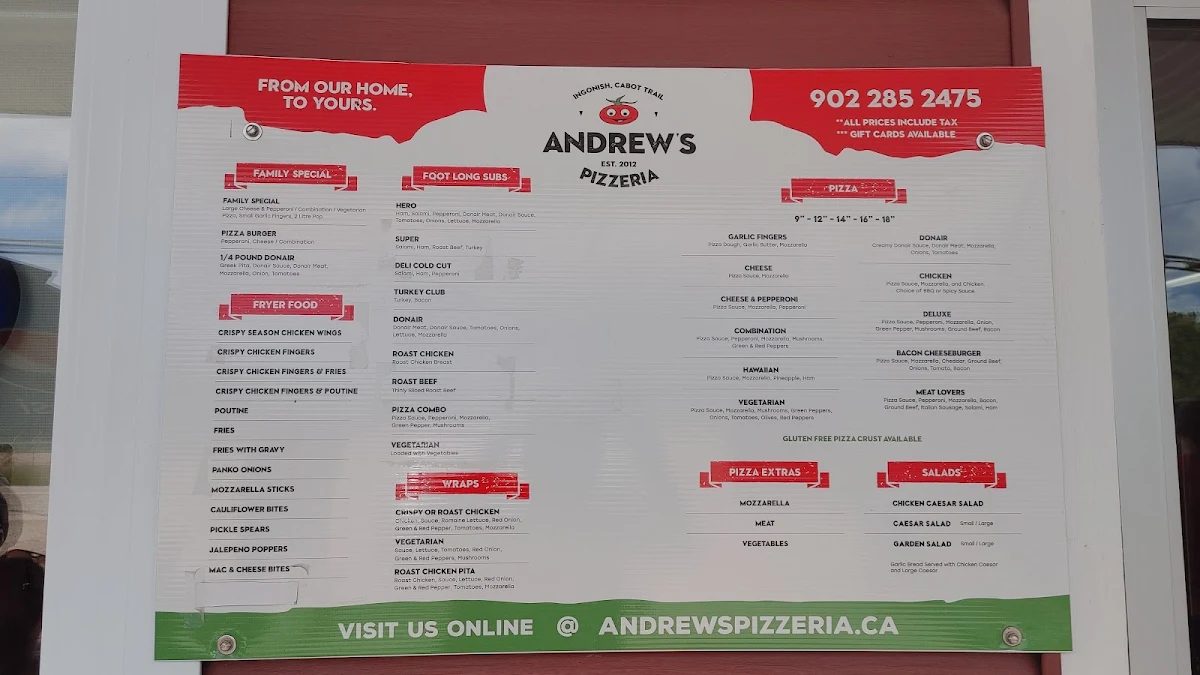 Menu, Andrew's Pizzeria