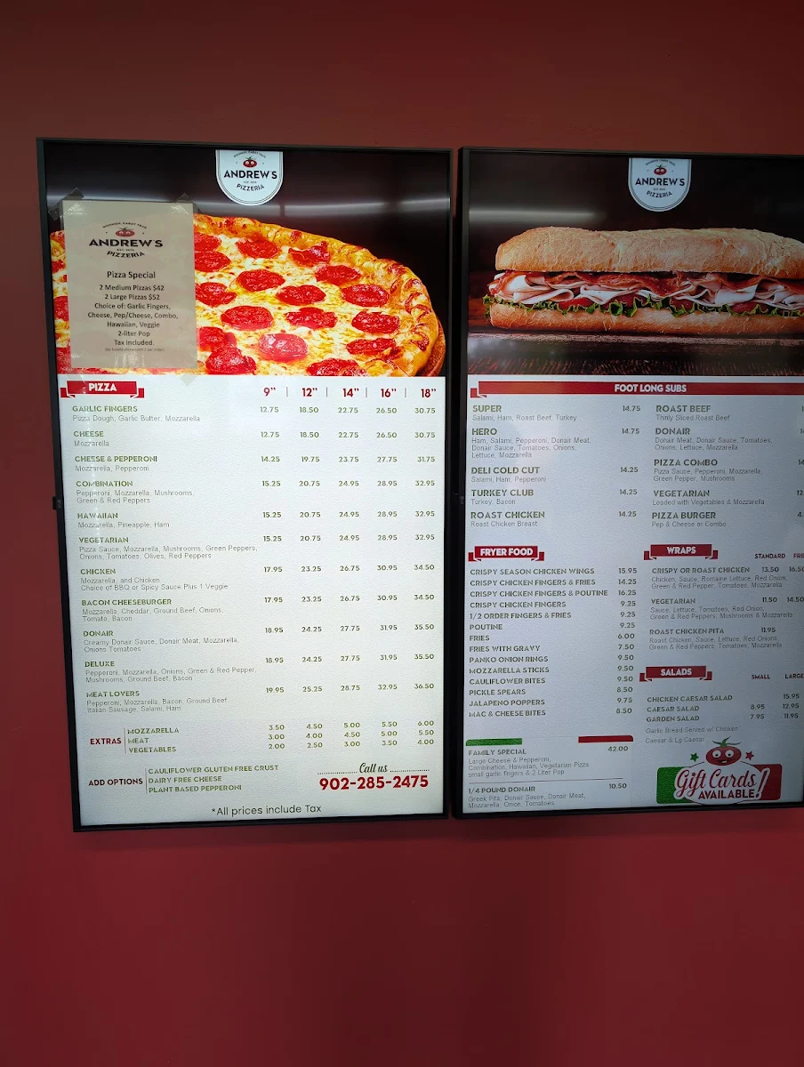 Menu, Andrew's Pizzeria