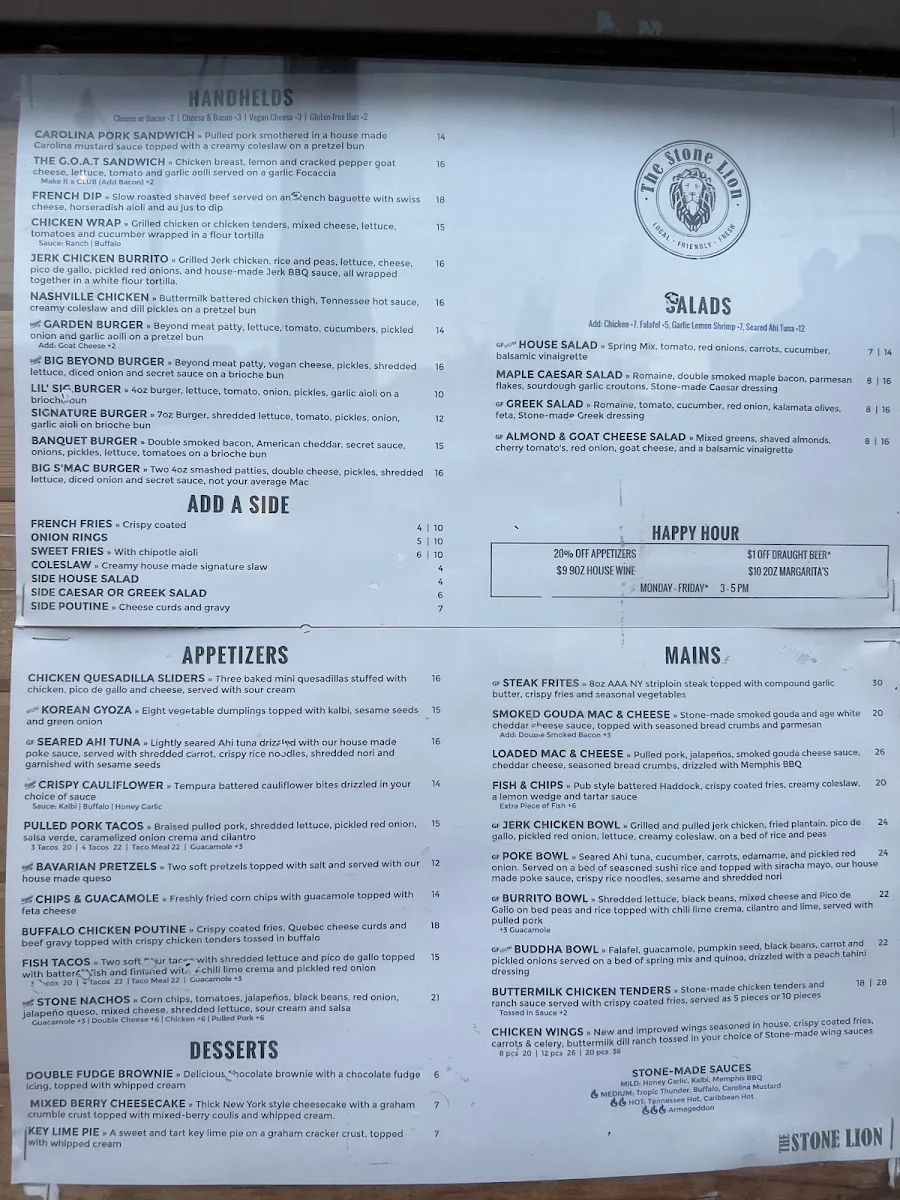Menu, The Stone Lion
