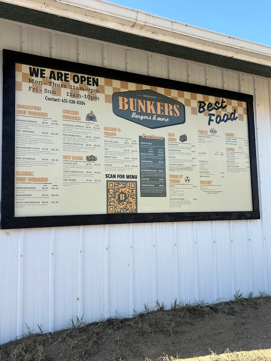 Menu, Bunkers Burgers & More