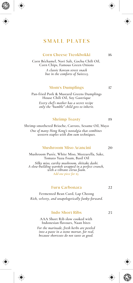 Menu, Suite 115