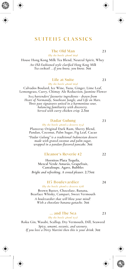 Menu, Suite 115