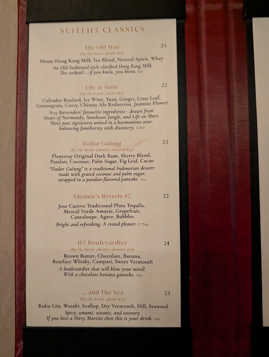 Menu, Suite 115