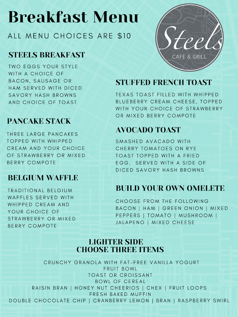 Menu, Steels Cafe and Grill