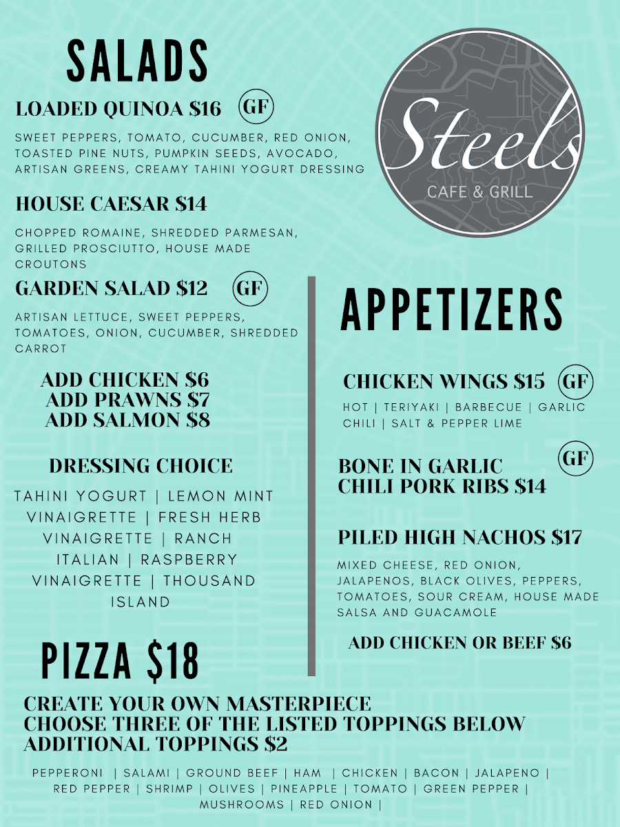 Menu, Steels Cafe and Grill