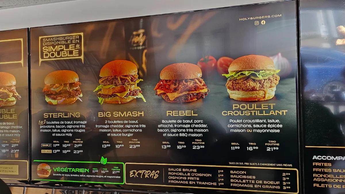 Menu, Holy Burgers Rimouski